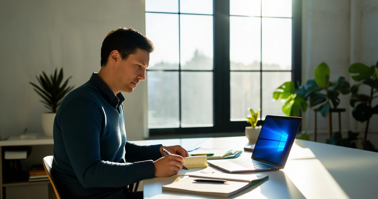 Entrepreneur working on personal brand strategy at a modern desk with natural light