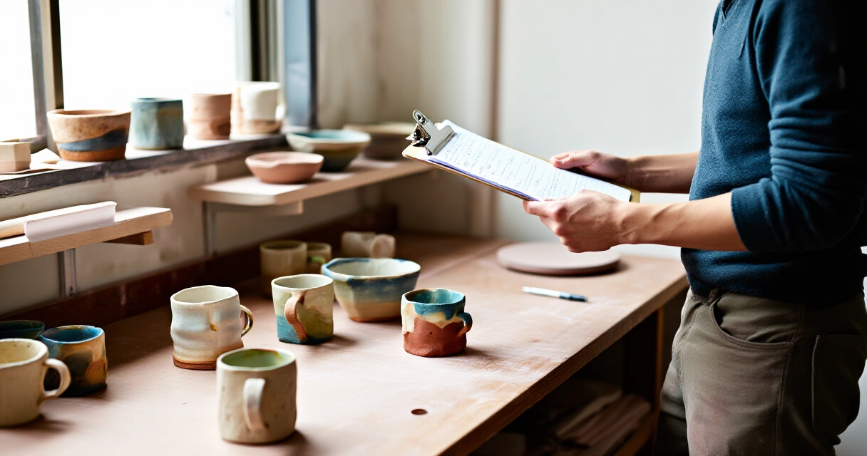 Small business owner reviewing product pricing notes in an artisan workshop