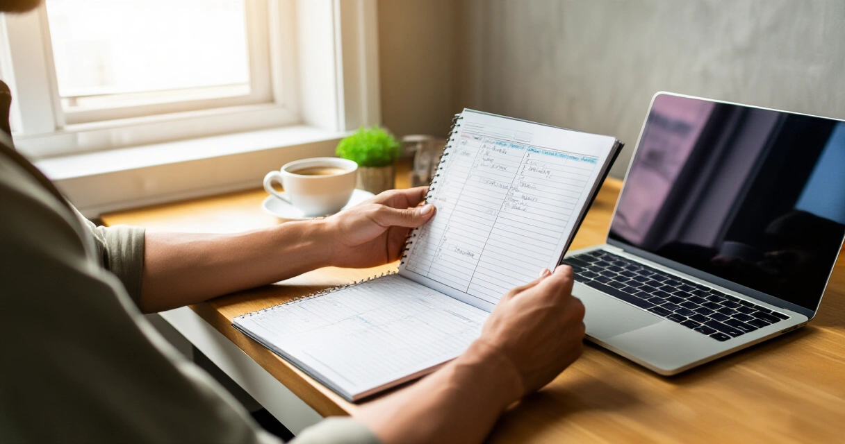 Entrepreneur reviewing a daily planner for time management at a bright home office desk
